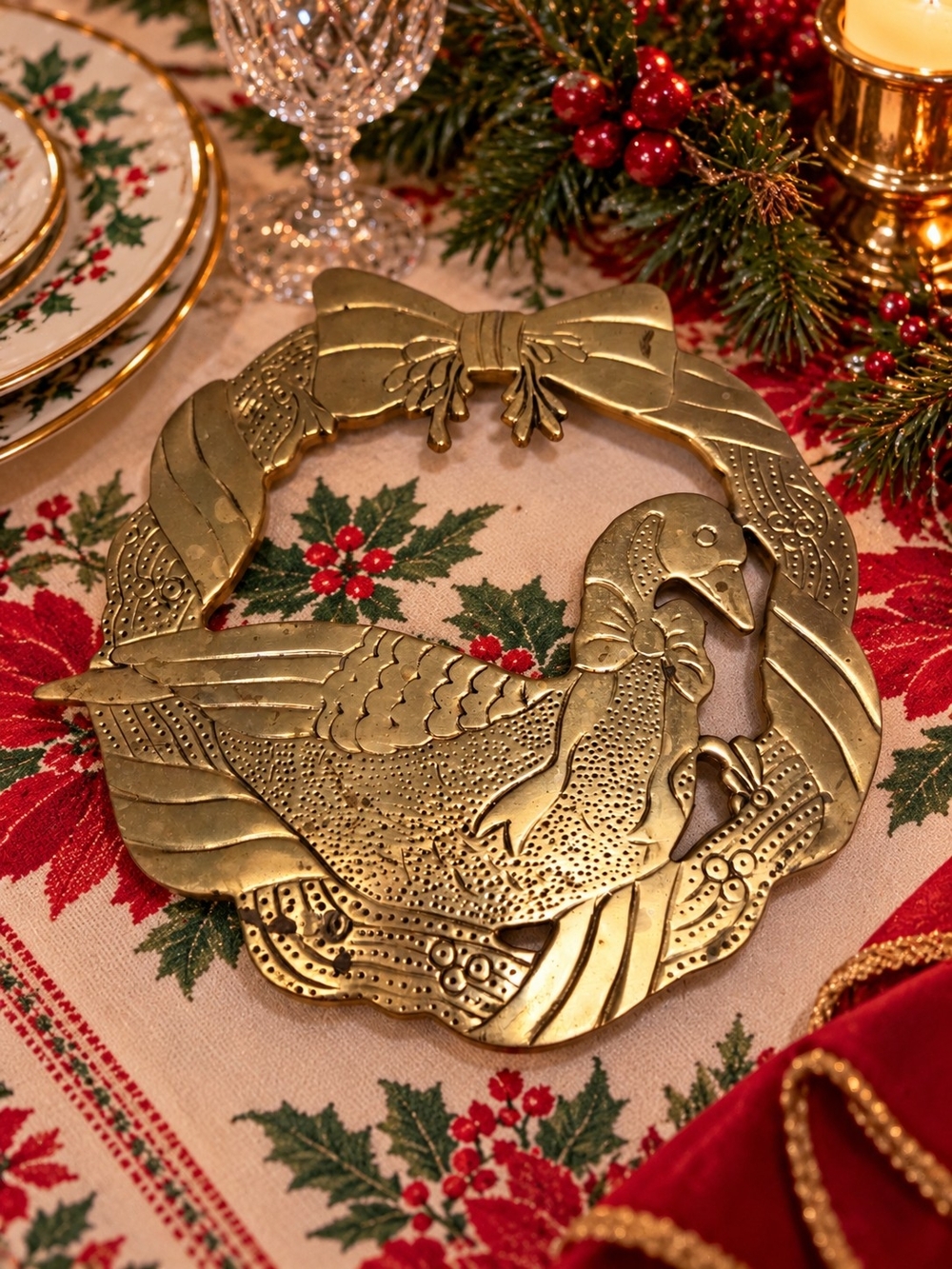 Vintage Brass Holiday Wreath Trivet With A Darling Goose